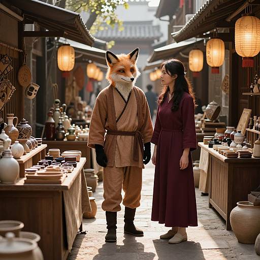 Photograph of a woman in a purple dress standing next to a fox in a brown kimono in a sunlit, lantern-lit, pottery market