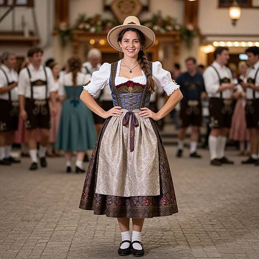 Photograph of a smiling woman in traditional Bavarian dress with a white blouse, black corset, and apron, standing confidently in a cobble
