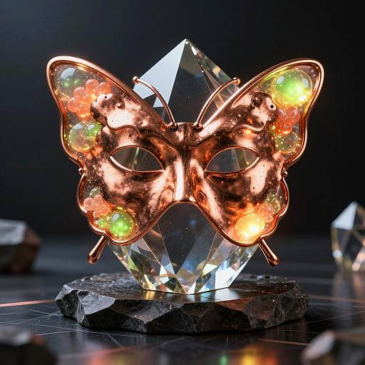Photograph of a copper butterfly mask with colorful gemstones, illuminated and mounted on a clear geometric crystal, set on a black textured base.