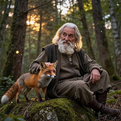 Photograph of an elderly white-bearded man in rustic brown clothes, sitting on mossy forest ground, holding a red fox. Sunlight filters through