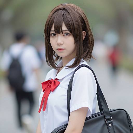Photograph of an East Asian woman with short brown hair in a white school uniform with a red ribbon, carrying a black backpack, standing in a blurred