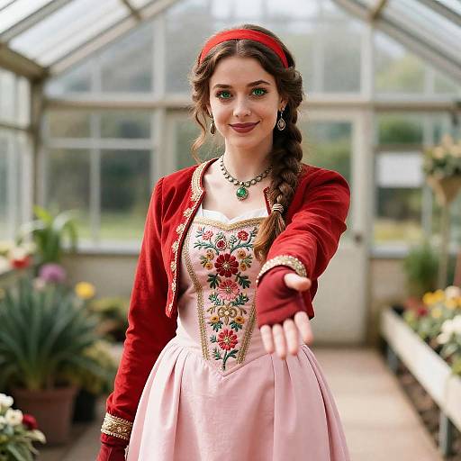 Woman in Embroidered Pink Gown Reaching Out