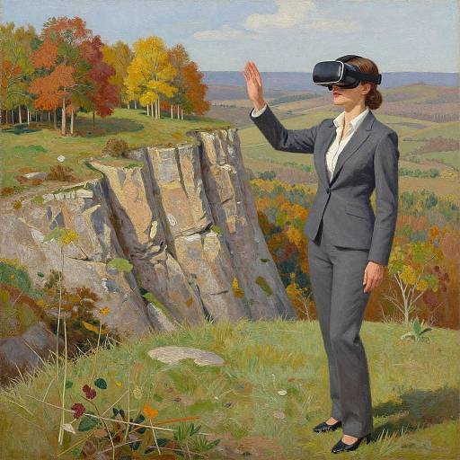 Digital painting of a woman in a gray suit and VR headset, raising her hand, standing on a grassy cliff overlooking autumn trees and a rocky landscape