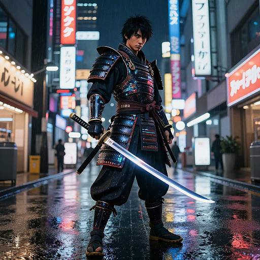 Futuristic Cyberpunk Samurai in Neon Tokyo