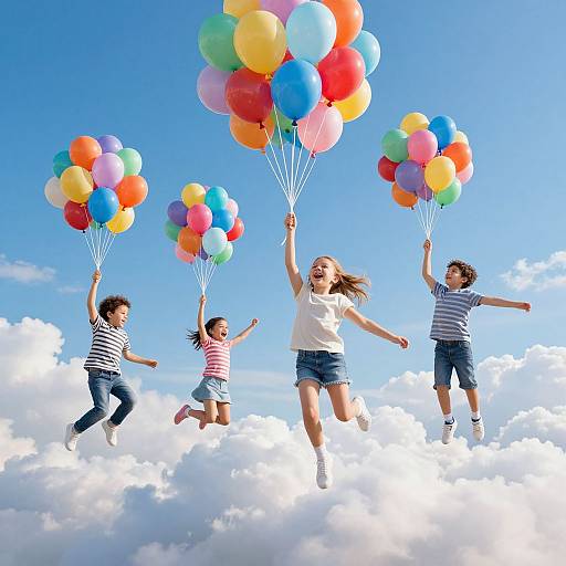 Photograph of four children flying above fluffy clouds, each holding colorful balloons, against a bright blue sky, smiling and joyful.