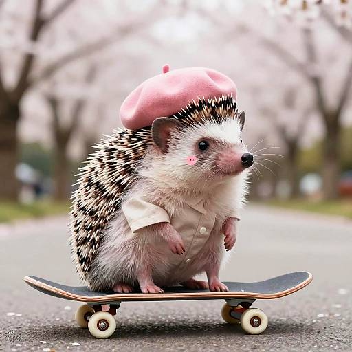 Charming Hedgehog Skateboarding in Cherry Blossoms