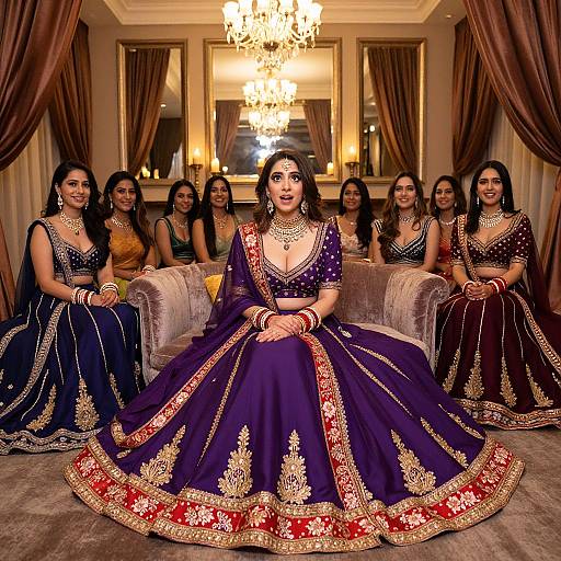 Photograph of a beautiful Indian woman in a purple and gold traditional lehenga, seated in a luxurious room with nine smiling women in similar outfits, under