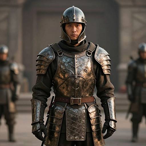 Photorealistic CGI of a serious Asian male knight in shiny, reflective medieval armor with a helmet, standing in a blurred, historical courtyard.