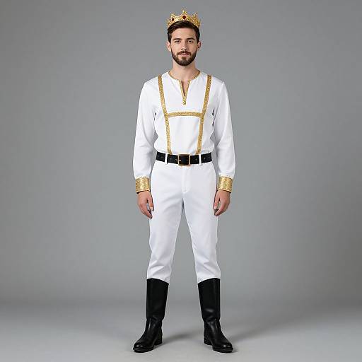 Photograph of a bearded man in white regal outfit with gold trim, black boots, and gold crown, standing against gray background.