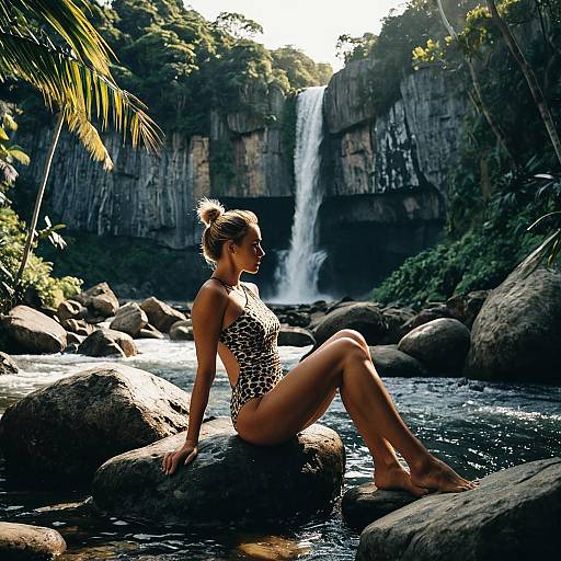 Woman Sitting by Waterfall on Rocks