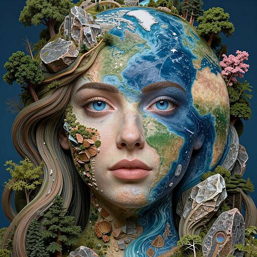 Digital artwork of a young woman with blue eyes, earth and ocean textures on her face, surrounded by crystals, trees, and flowers.