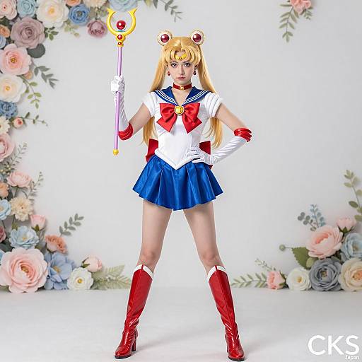 Sailor Moon Cosplayer Against Floral Backdrop