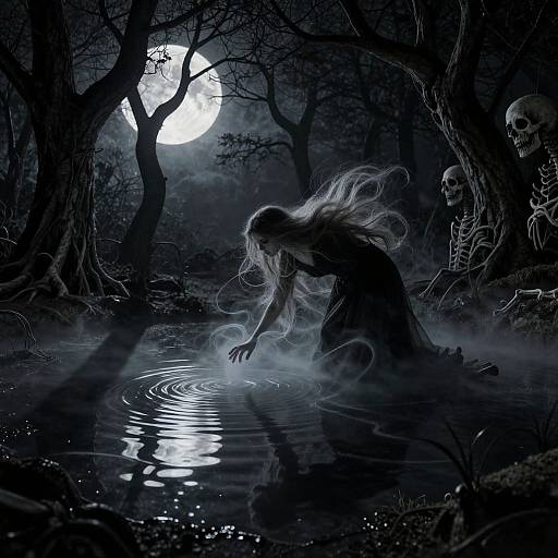 Digital illustration of a ghostly, long-haired figure kneeling in a moonlit, misty forest pond, surrounded by skeletal figures, under a full moon