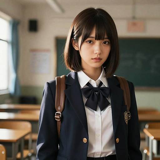 Japanese School Girl in Uniform in Classroom