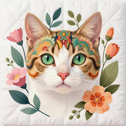 Colorful Floral Cat Illustration