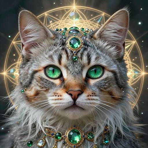 Photorealistic digital art of a regal tabby cat with glowing green eyes, adorned with green gemstones and gold jewelry, against an intricate,
