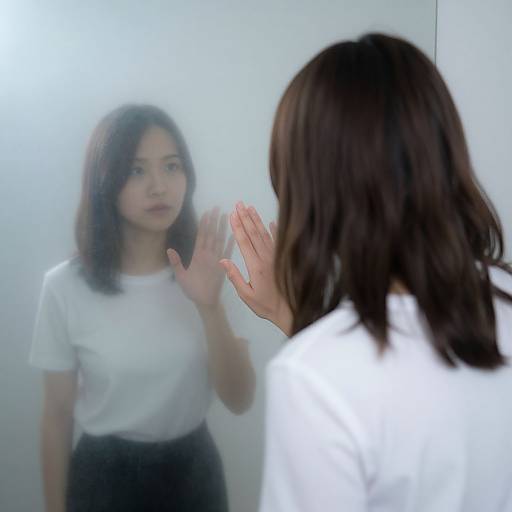 Photograph of an Asian woman with shoulder-length brown hair, wearing a white shirt and black skirt, pressing her hand against a mirror, reflecting her calm