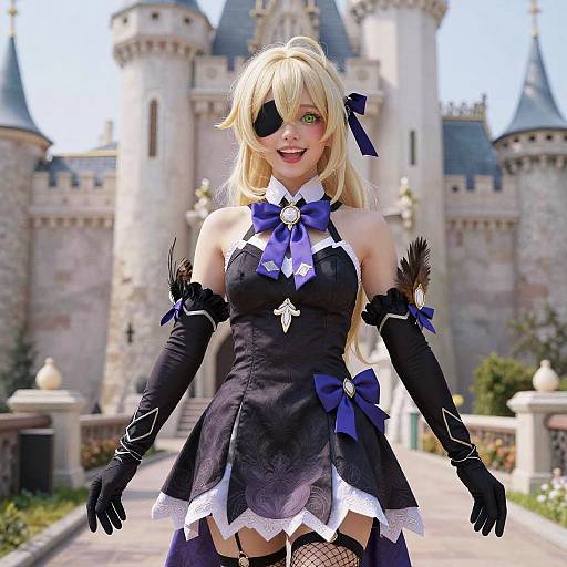 Blonde cosplayer in black gothic dress with purple bows, eye patch, and gloves, stands in front of a castle. Photorealistic CGI