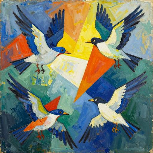 Vibrant abstract painting of four blue and white birds with orange beaks and tails, flying around a bright yellow and orange sunburst against a blue
