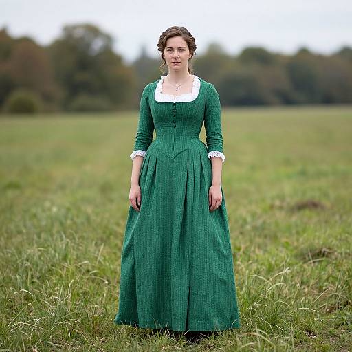 Photograph of a young woman with light skin and brown hair, wearing a green, long-sleeved, Victorian-style dress with white lace trim,