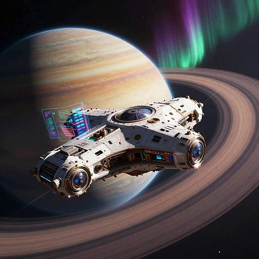 AI Spaceship Above Ringed Gas Giant