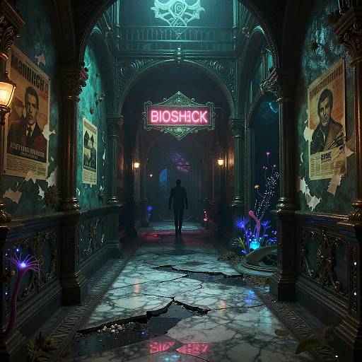 Gothic, neon-lit hallway with 