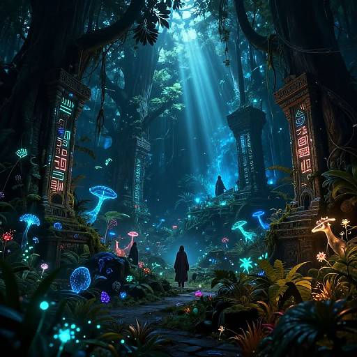 Digital fantasy artwork: Mysterious figure in dark robe walks through glowing, bioluminescent forest with towering, ancient ruins, vibrant mushrooms, and eth
