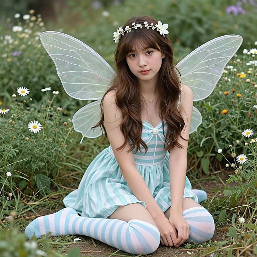 Photograph of a fair-skinned, brown-haired girl with translucent fairy wings, white flower crown, light blue dress, and white-striped stockings, kneeling