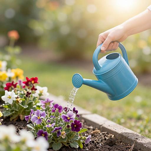Photograph of a hand watering vibrant purple, yellow, and red flowers in a garden bed with a blue metal watering can. Sunlight filters through blurred