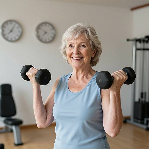 Photograph of smiling elderly woman with short gray hair, wearing light blue tank top, holding black dumbbells in a bright gym. Clocks on