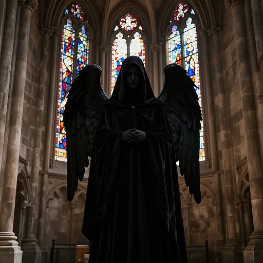 Photograph of a dark, hooded angel statue with large wings, standing in a dimly lit, Gothic-style cathedral with vibrant stained glass windows in