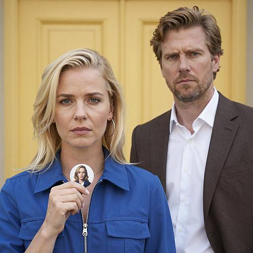 Serious Couple Standing by Yellow Door