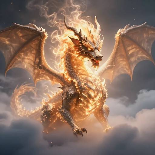 Digital artwork of a roaring, fiery dragon with glowing orange wings and scales, soaring through a cloudy, dark blue sky.