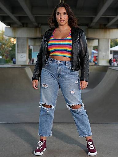 Photograph of a curvy woman with dark hair, wearing a rainbow-striped tank top, black leather jacket, ripped blue jeans, and maroon sneakers