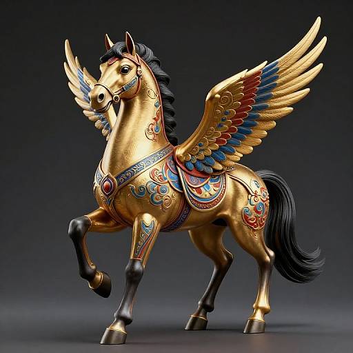 Detailed CGI of a gold Pegasus with vibrant blue, red, and gold feathered wings, adorned in intricate, colorful patterns and jewelry, against a