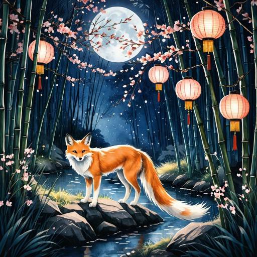 Moonlit Kitsune in Bamboo Grove