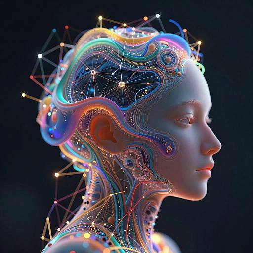 Digital artwork of a futuristic woman with glowing, multicolored neural network patterns on her head and neck, set against a dark background.
