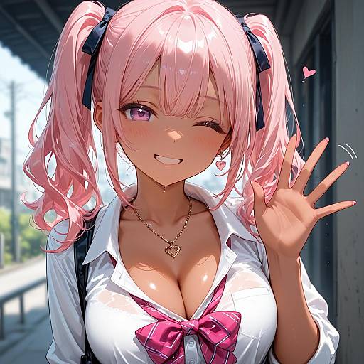Smiling Gyaru Girl with Pink Hair Waving
