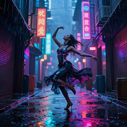 Digital art: Dark-haired woman in a black, sheer, leather dress dances in neon-lit, rain-soaked alley, surrounded by vibrant, colorful