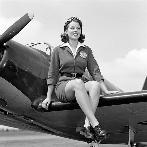 Black-and-white photograph of a smiling 1940s-style woman in a pilot's uniform, sitting on the wing of a vintage airplane.