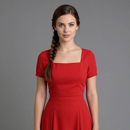 Photograph of a young woman with fair skin, dark brown hair in a side braid, wearing a bright red, short-sleeved dress,