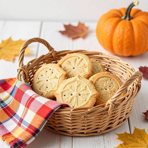 Photograph of a wicker basket filled with round, golden-brown, star-patterned cookies, draped with a red, white, and blue pl