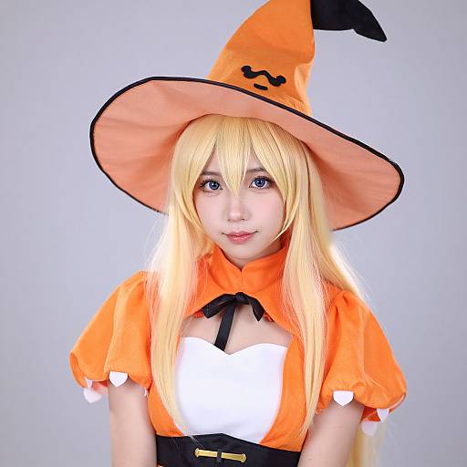 Blonde Witch Girl in Orange Costume