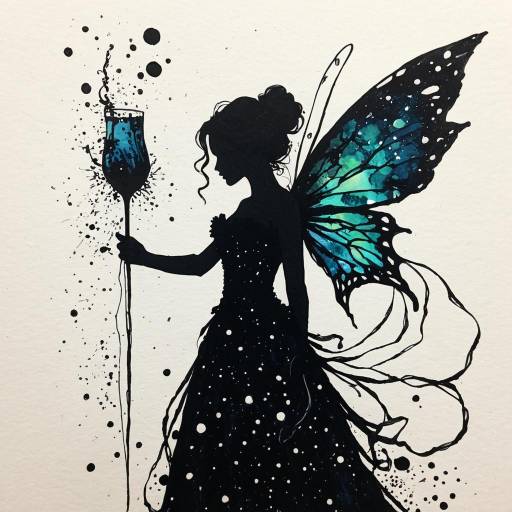 Silhouette of Fairy with Butterfly Wings Holding Glass