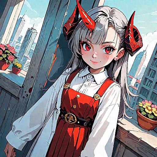 Anime Girl with Horns in Cityscape