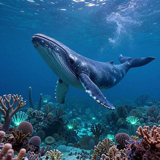 Photograph of a massive humpback whale swimming gracefully over a vibrant, illuminated coral reef in deep blue ocean water.
