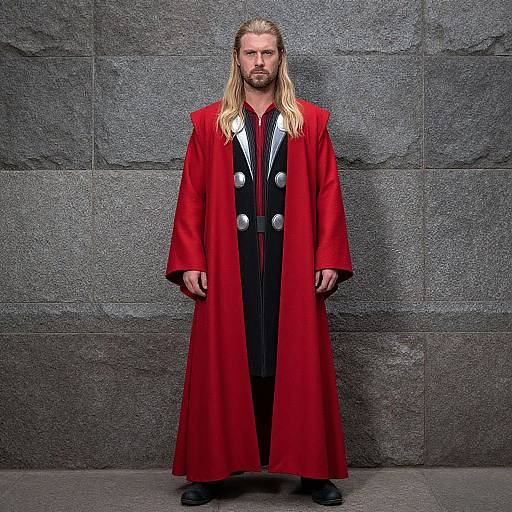 Photograph of a serious-looking man with long blonde hair, wearing a long red coat over a black double-breasted suit, standing against a textured gray