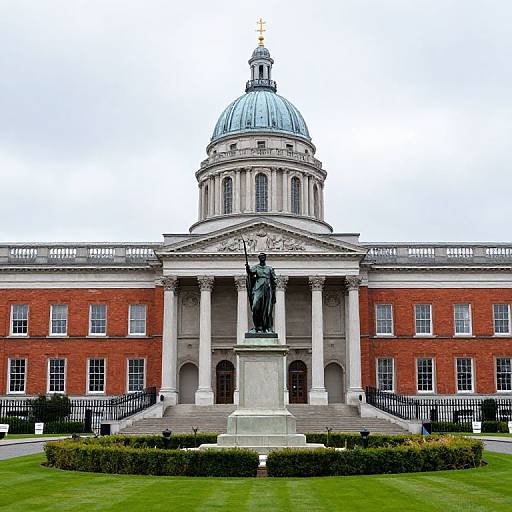 Photograph of a grand neoclassical building with a central statue, red brick facade, white columns, and a blue dome, set against a