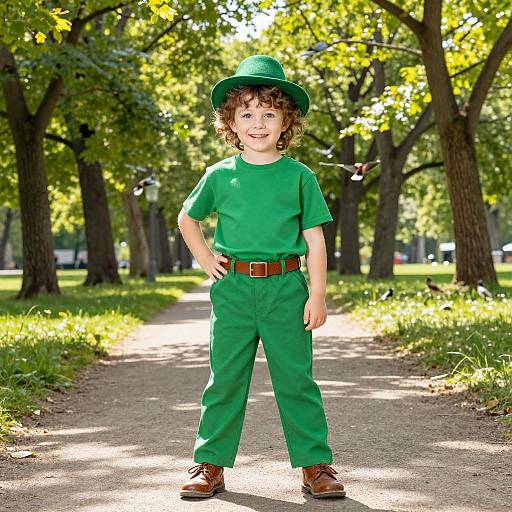 Photograph of a curly-haired, smiling young boy in a green outfit, including hat, shirt, pants, belt, and brown shoes, standing confidently