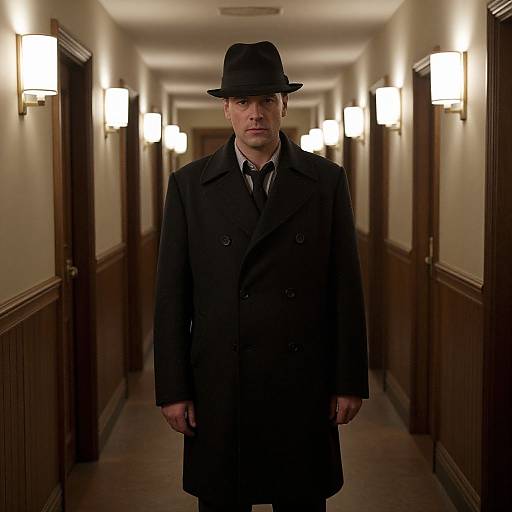 Photograph of a stern, pale-skinned man in a black coat and hat, standing in a dimly lit, wood-paneled hallway with wall
